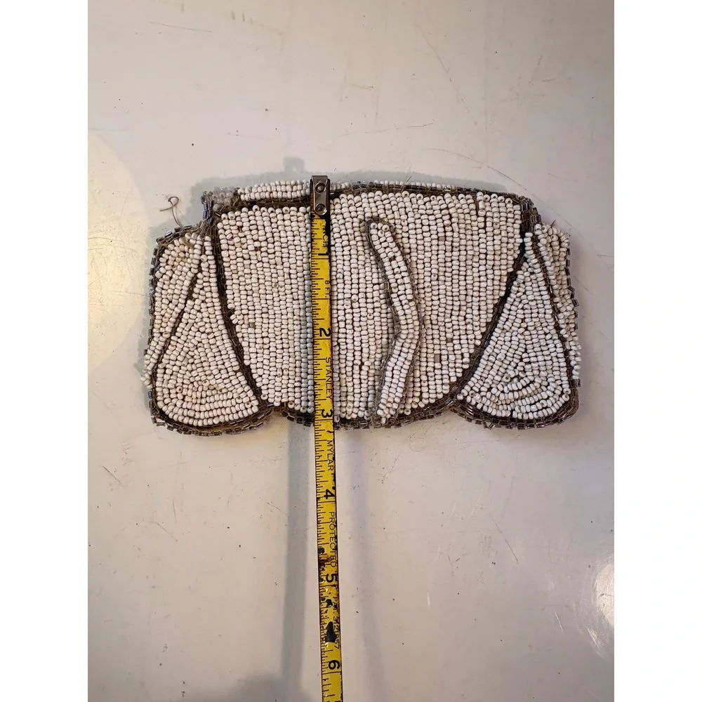 Vintage Style Cream Silver Seed Bead Geometric Clutch‎ Evening Bag Hand Beaded